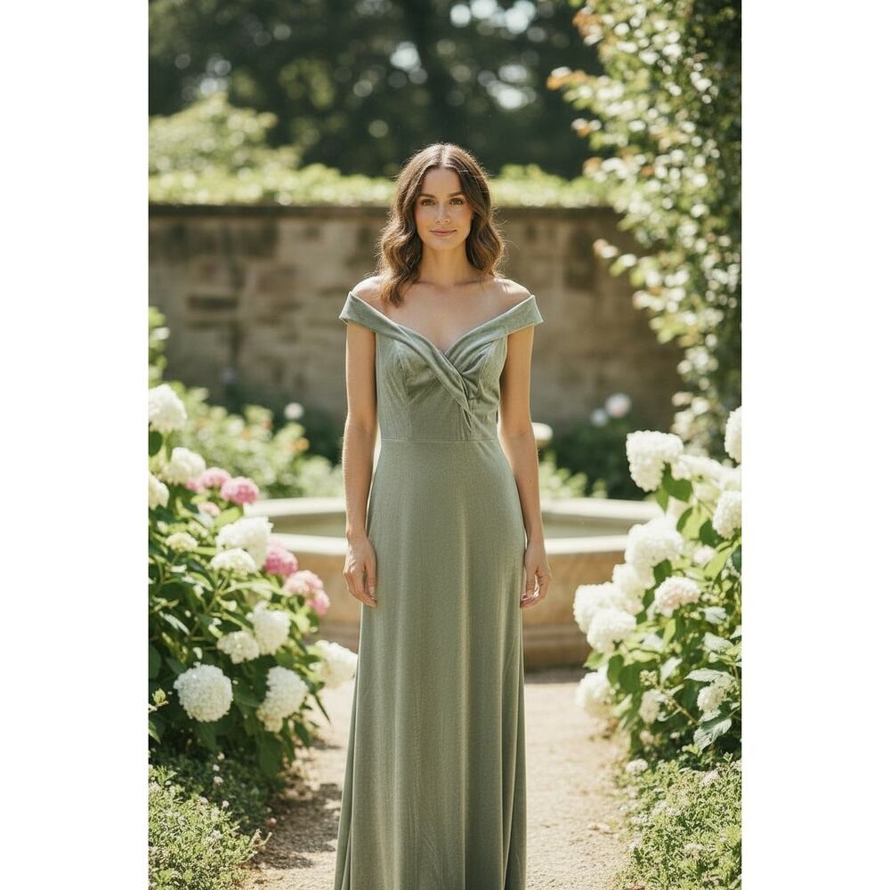 Revelry sz 8 velvet sage green floor length off shoulder gown dress formal